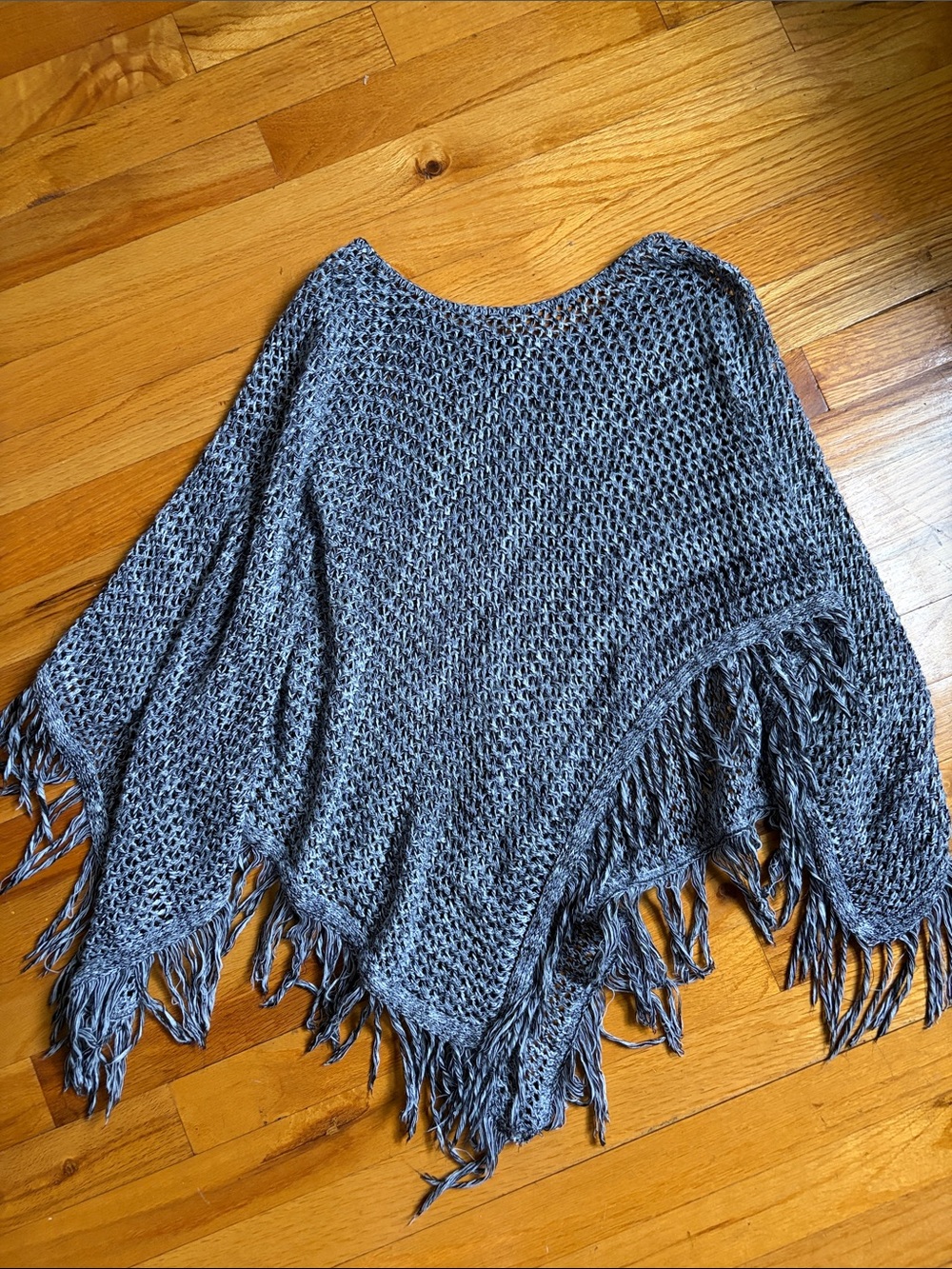 Boho Fringe Marled Knit Poncho Shawl Grey
